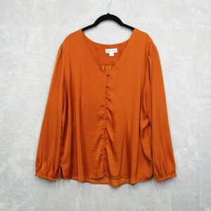 Ava & Viv Satin Blouse Top V-Neck Button Down Long Sleeve Rust Orange 1X